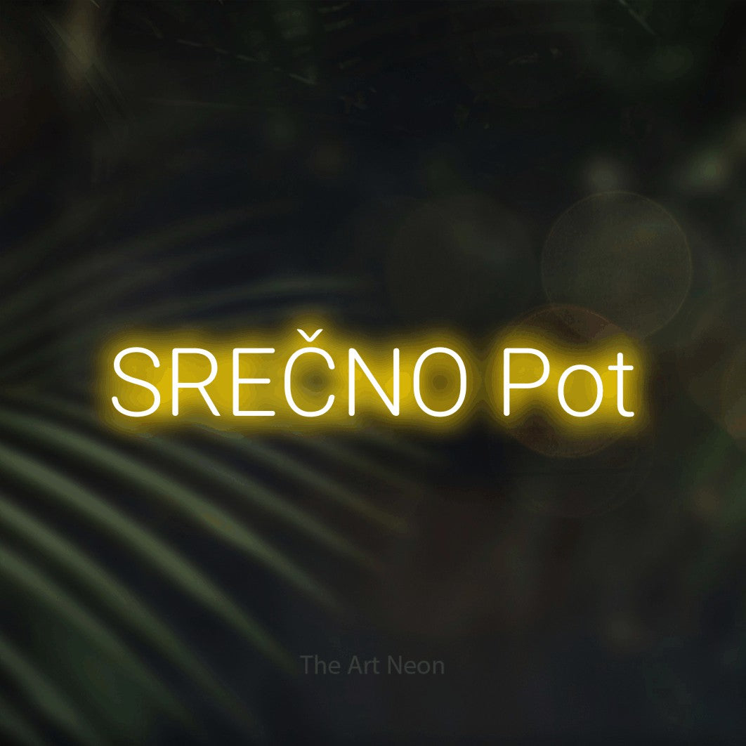 LED neon sign reading “SREČNO Pot”, arranged in a single line.