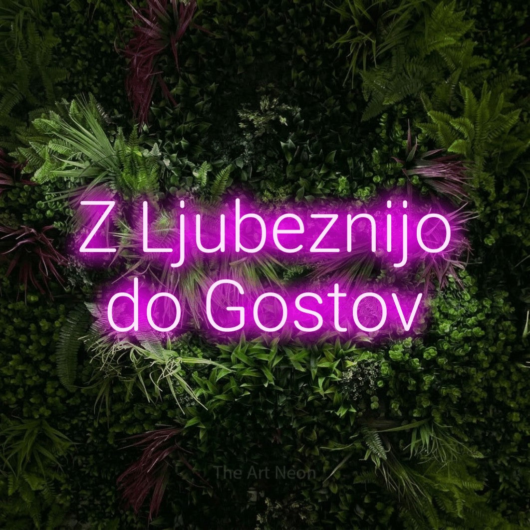 LED neon sign reading “Z Ljubeznijo do Gostov”, arranged in two lines.