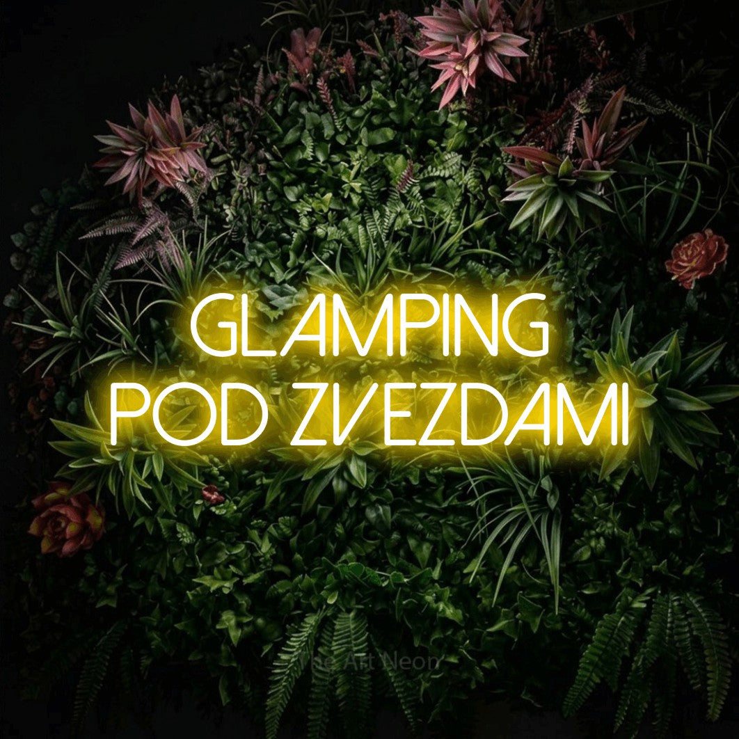 LED neon sign reading “GLAMPING pod Zvezdami”, arranged in two lines.