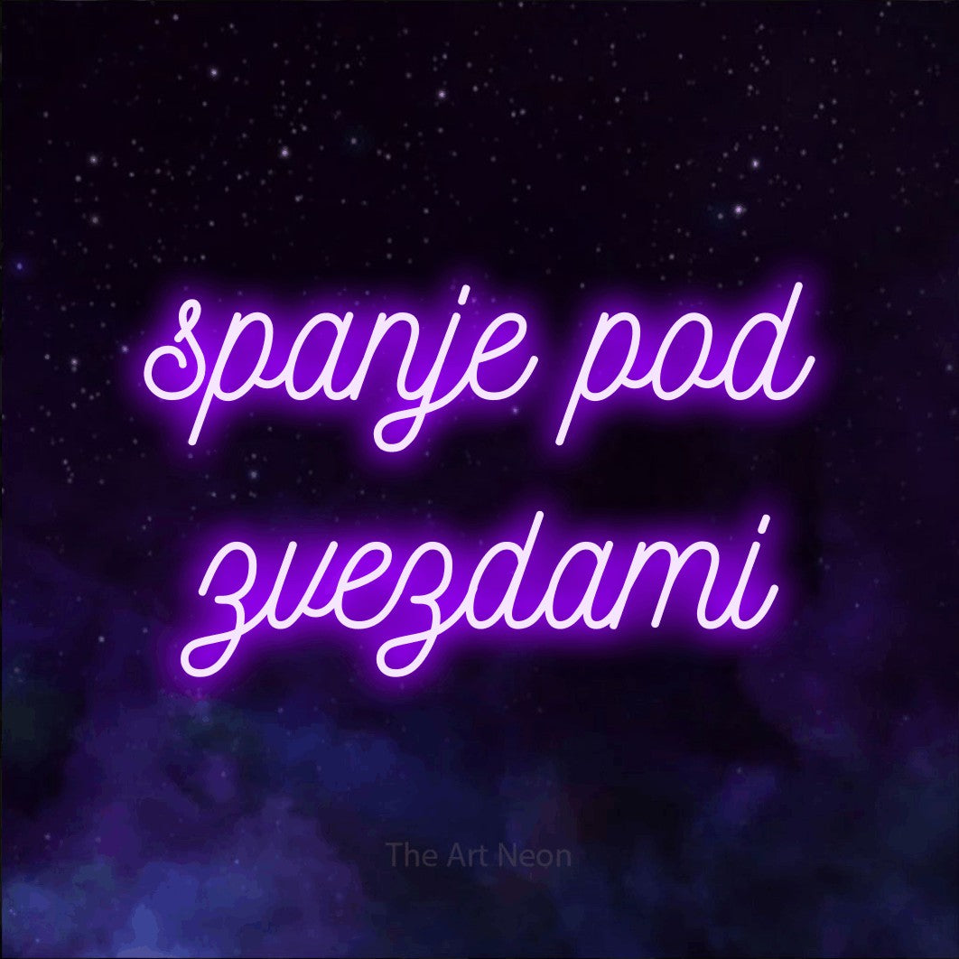 LED neon sign reading “spanje pod zvezdami”, arranged in two lines.