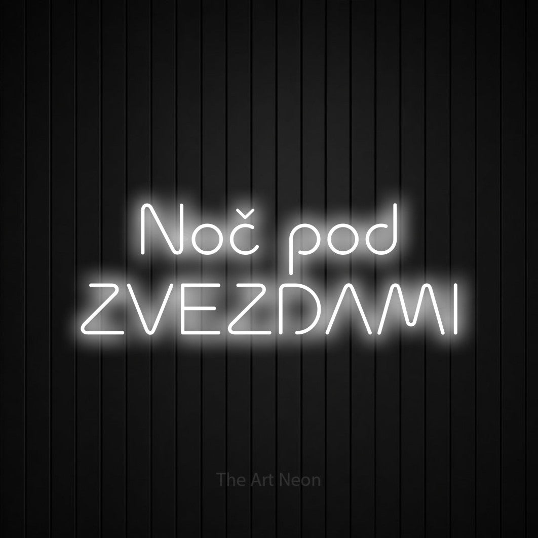 LED neon sign reading “Noč pod ZVEZDAMI”, arranged in two lines.