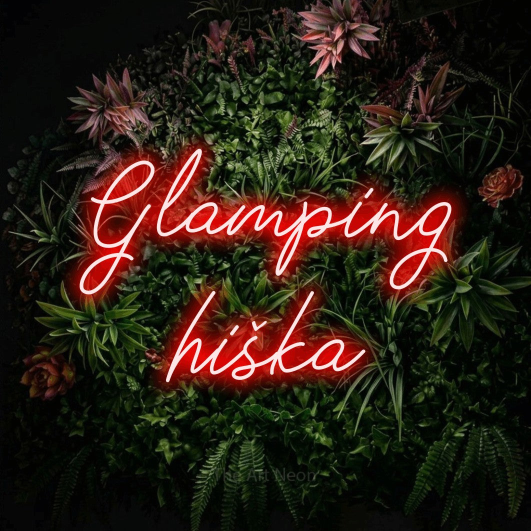LED neon sign reading “Glamping hiška”, arranged in two lines.