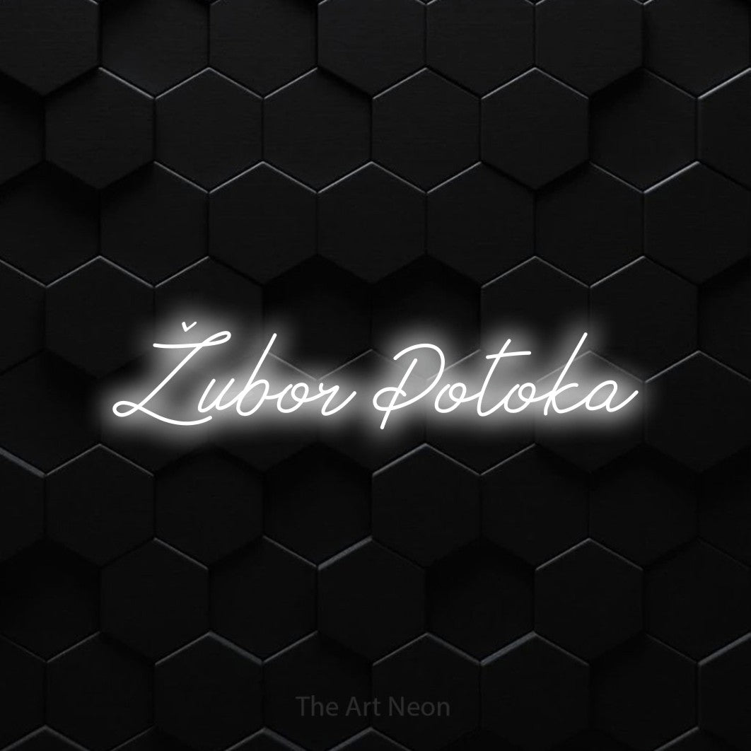 LED neon sign reading “Žubor Potoka”, arranged in a single line.