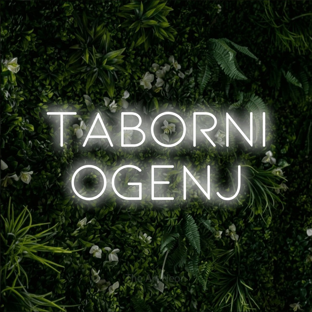 LED neon sign reading “TABORNI OGENJ”, arranged in two lines.