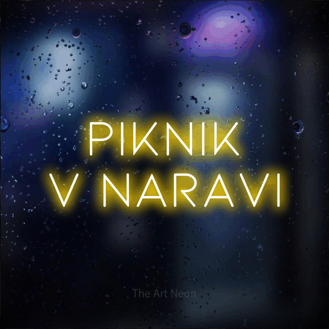 LED neon sign reading “PIKNIK v Naravi”, arranged in two lines.