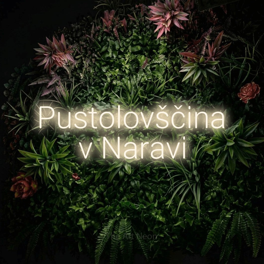 LED neon sign reading “Pustolovščina v Naravi”, arranged in two lines.