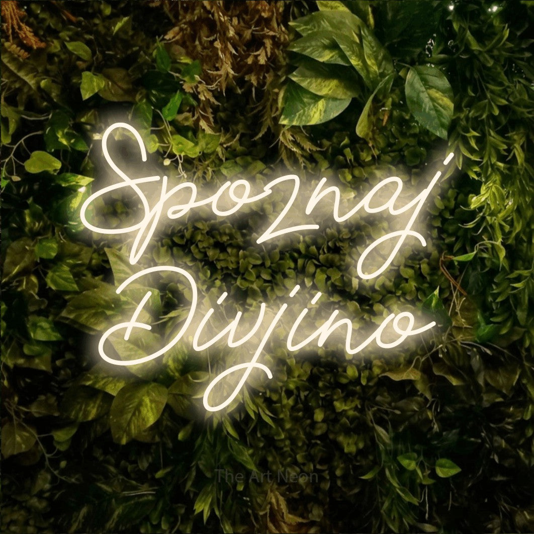 LED neon sign reading “Spoznaj Divjino”, arranged in two lines.