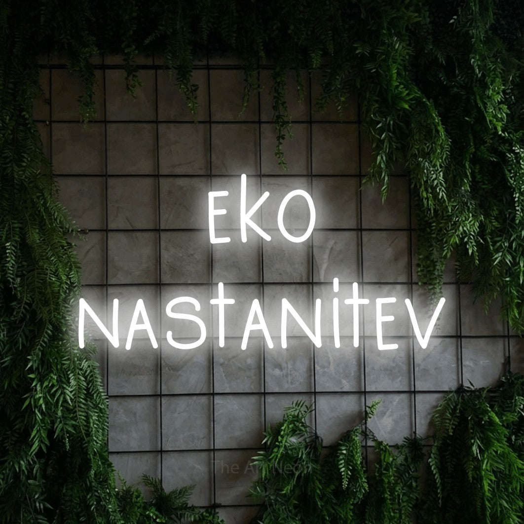 LED neon sign reading “eko nastanitev”, arranged in two lines.