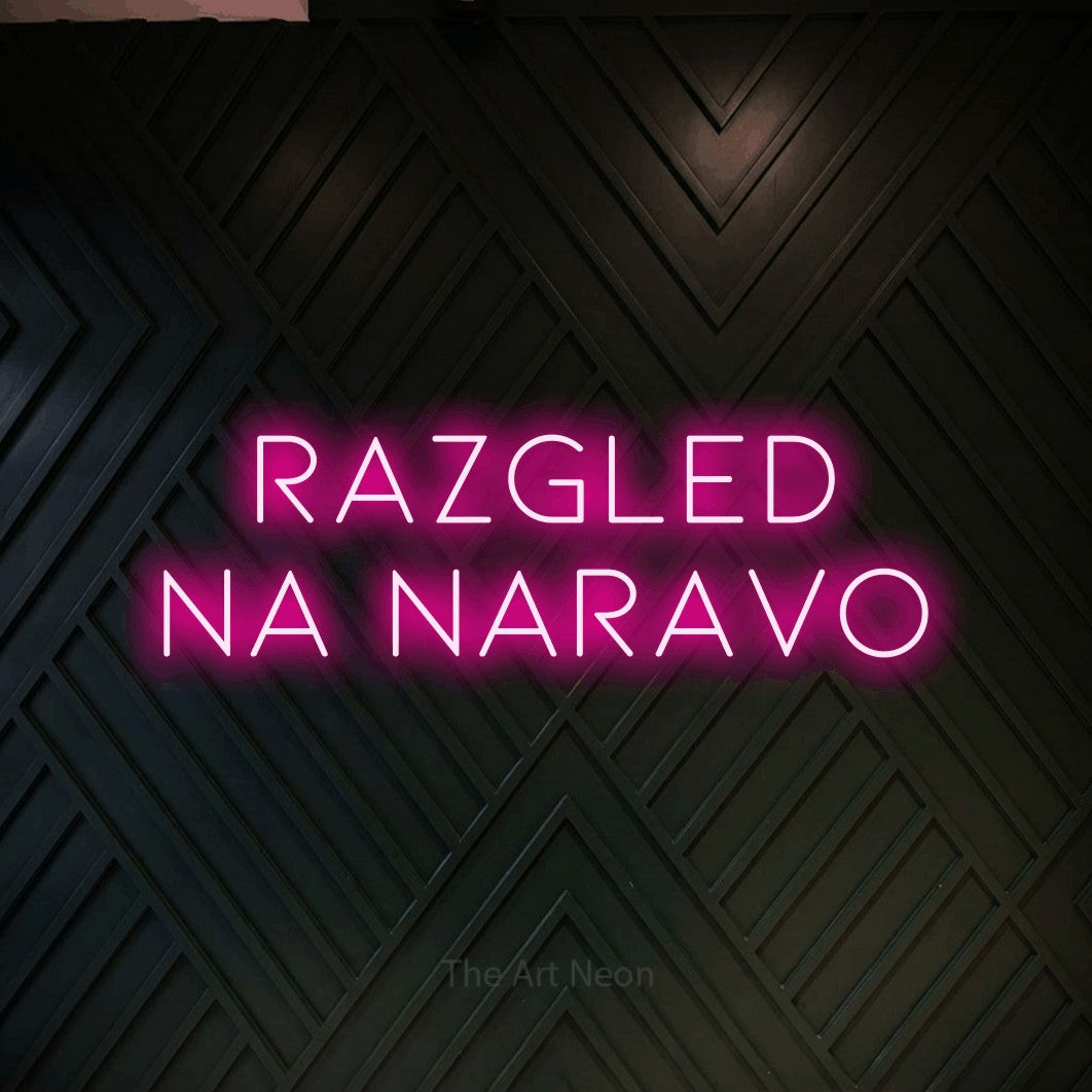 LED neon sign reading “Razgled na naravo”, arranged in two lines.