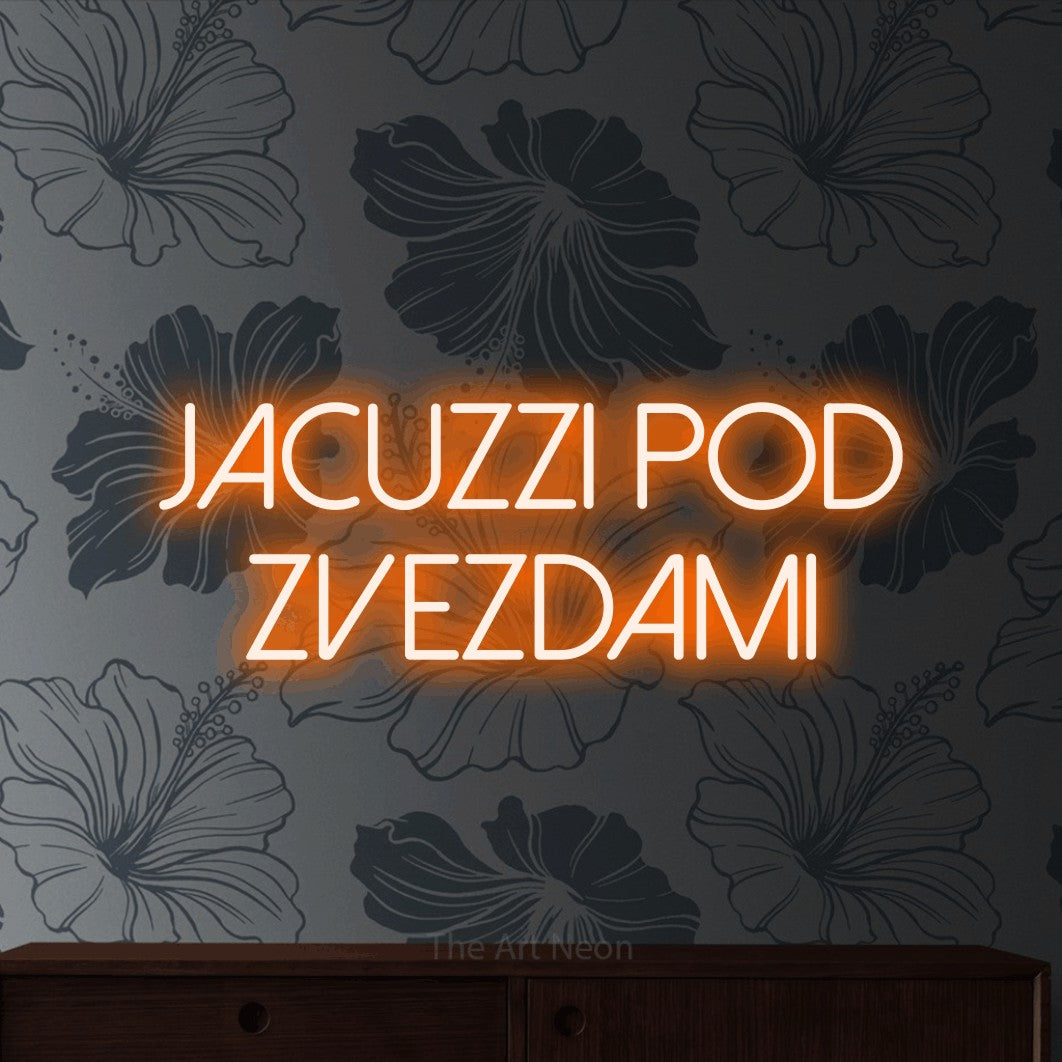 LED neon sign reading “JACUZZI POD ZVEZDAMI”, arranged in two lines.