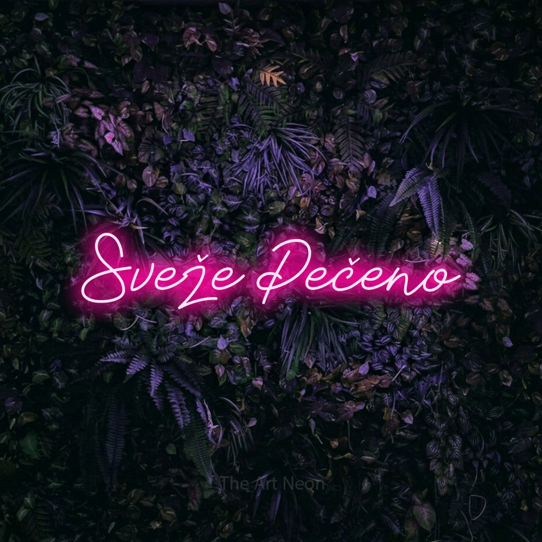 LED neon sign reading “Sveže Pečeno”, arranged in a single line.
