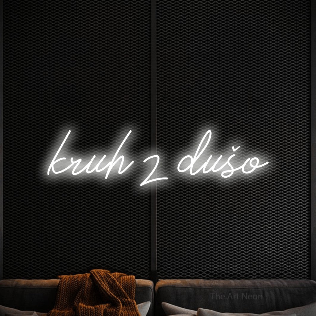 LED neon sign reading “kruh z dušo”, arranged in a single line.