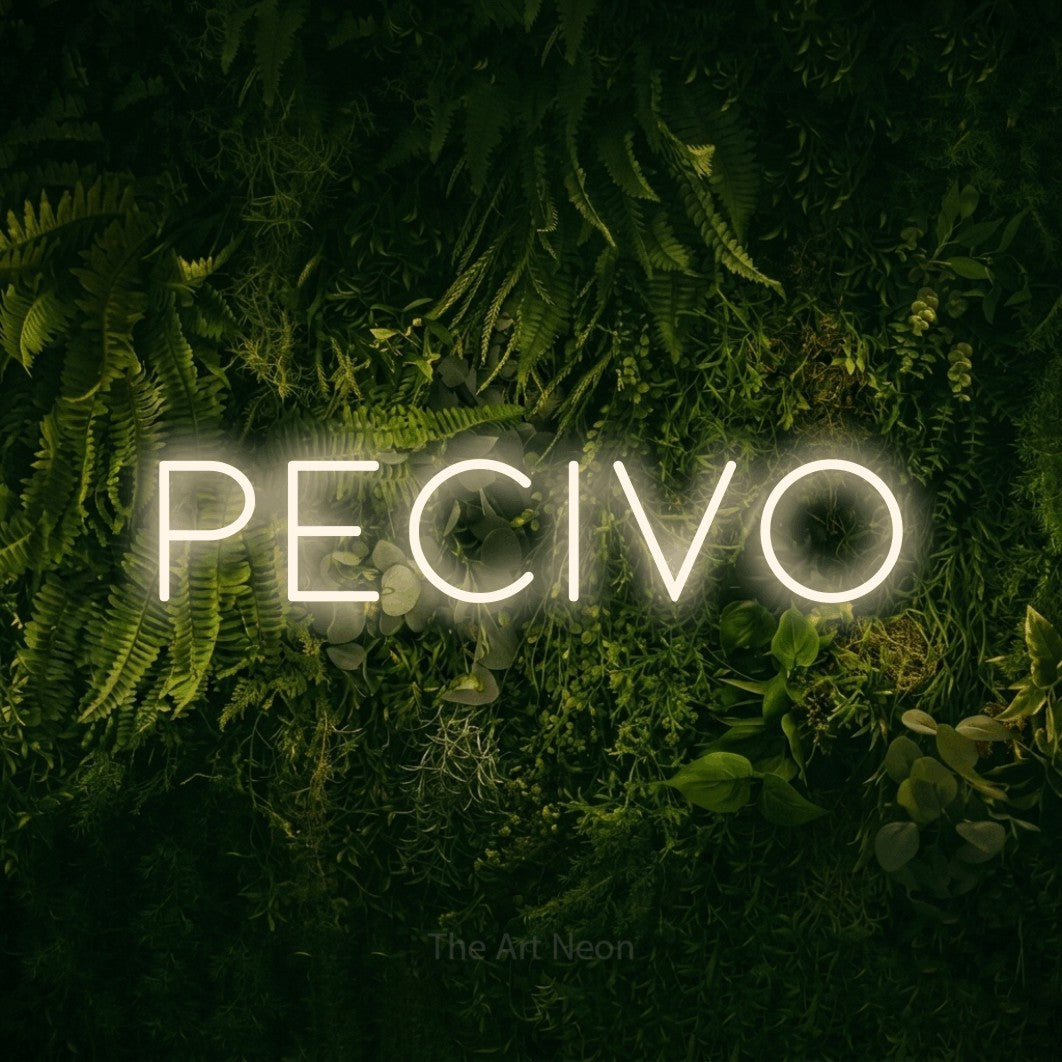 LED neon sign reading “Pecivo”, arranged in a single line.