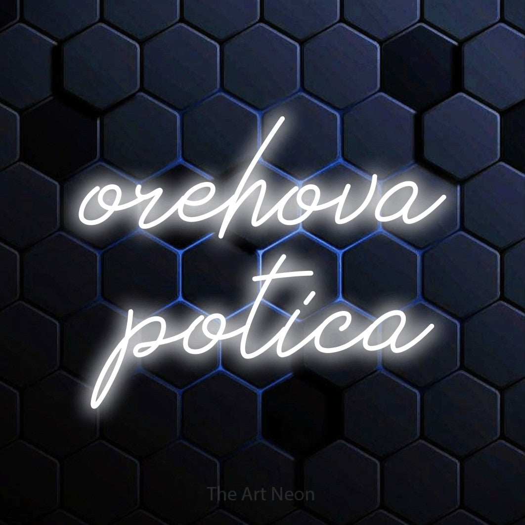 LED neon sign reading “orehova potica”, arranged in two lines.