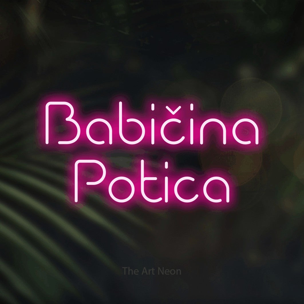 LED neon sign reading “Babičina Potica”, arranged in two lines.
