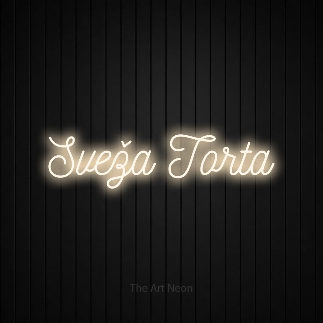 LED neon sign reading “Sveža Torta”, arranged in a single line.