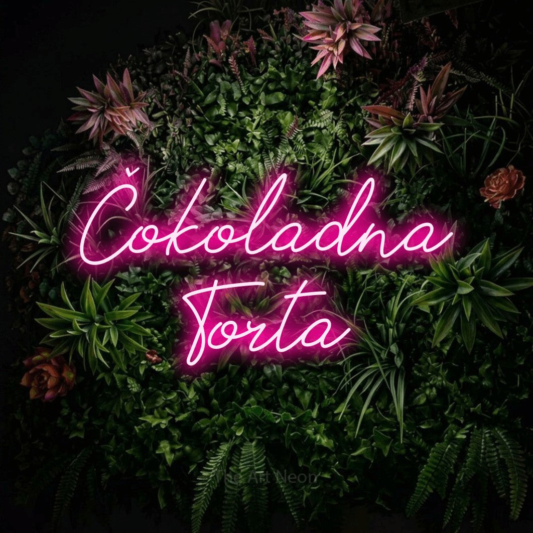 LED neon sign reading “Čokoladna Torta”, arranged in two lines.