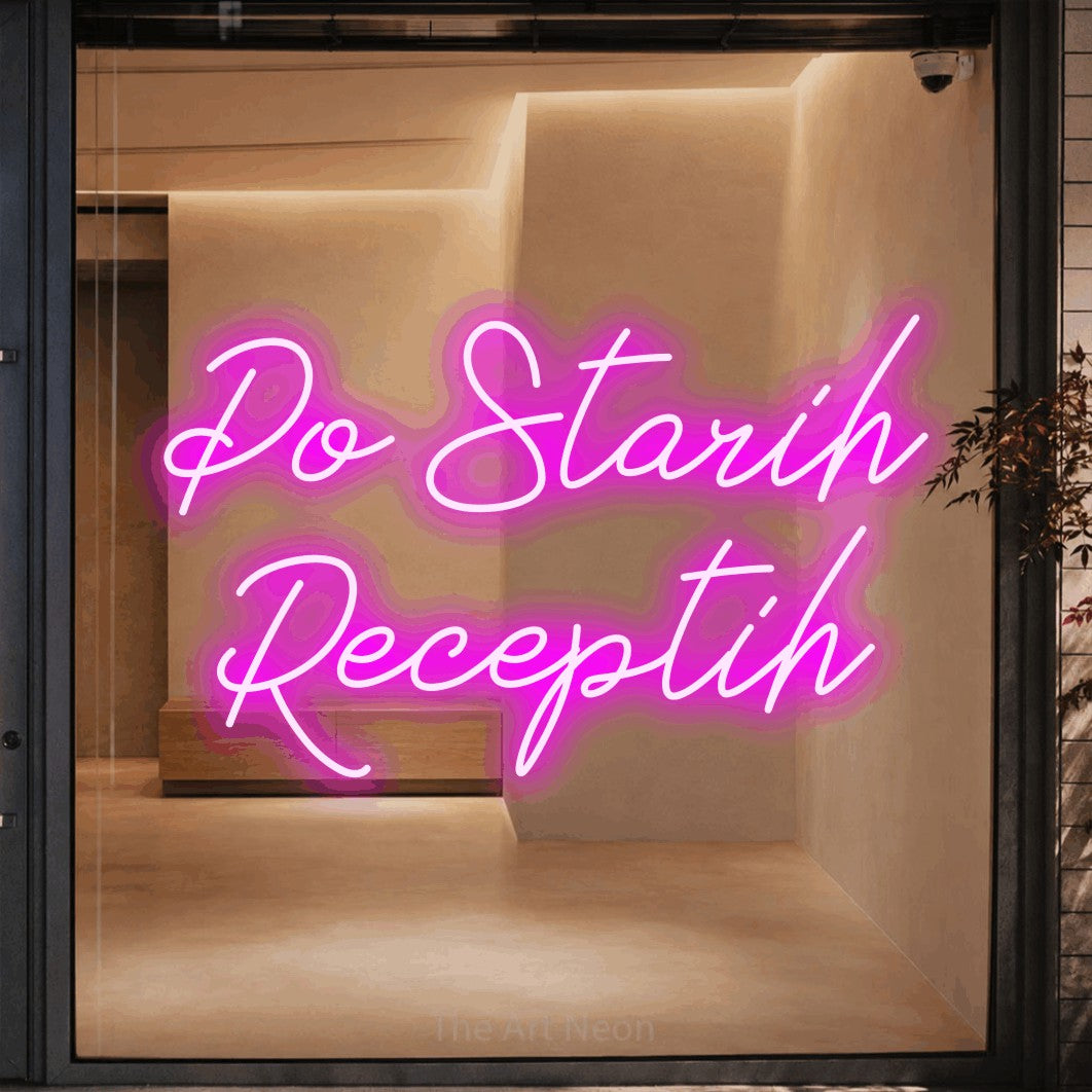 LED neon sign reading “Po Starih Receptih”, arranged in two lines.