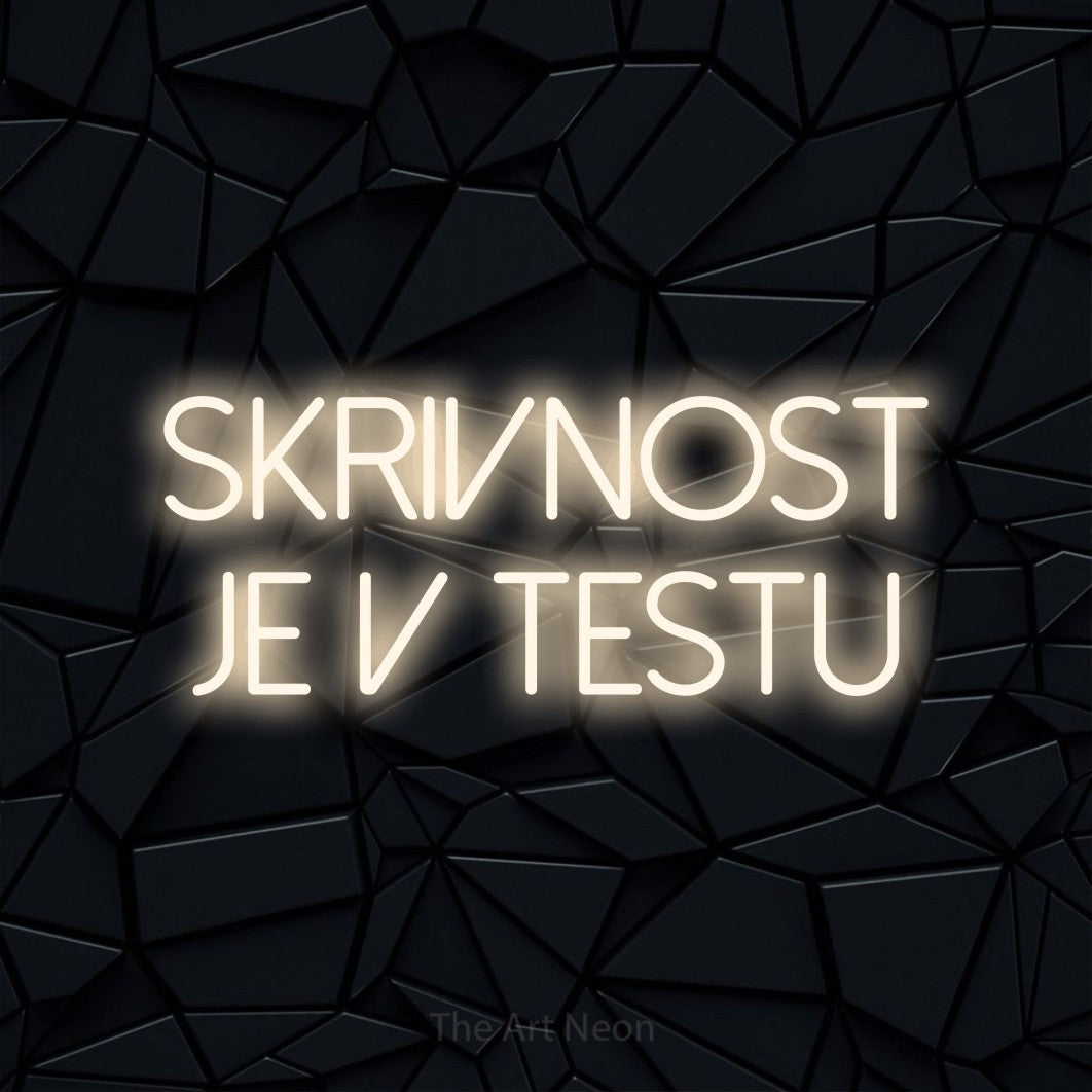LED neon sign reading “skrivnost je v testu”, arranged in two lines.
