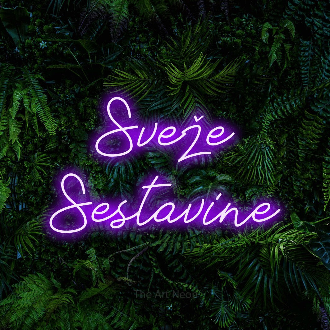 LED neon sign reading “Sveže Sestavine”, arranged in two lines.