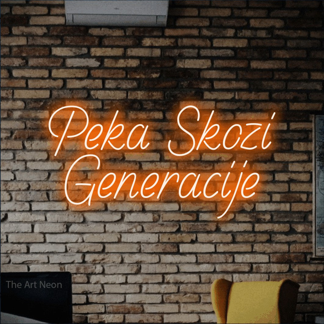LED neon sign reading “Peka Skozi Generacije”, arranged in two lines.