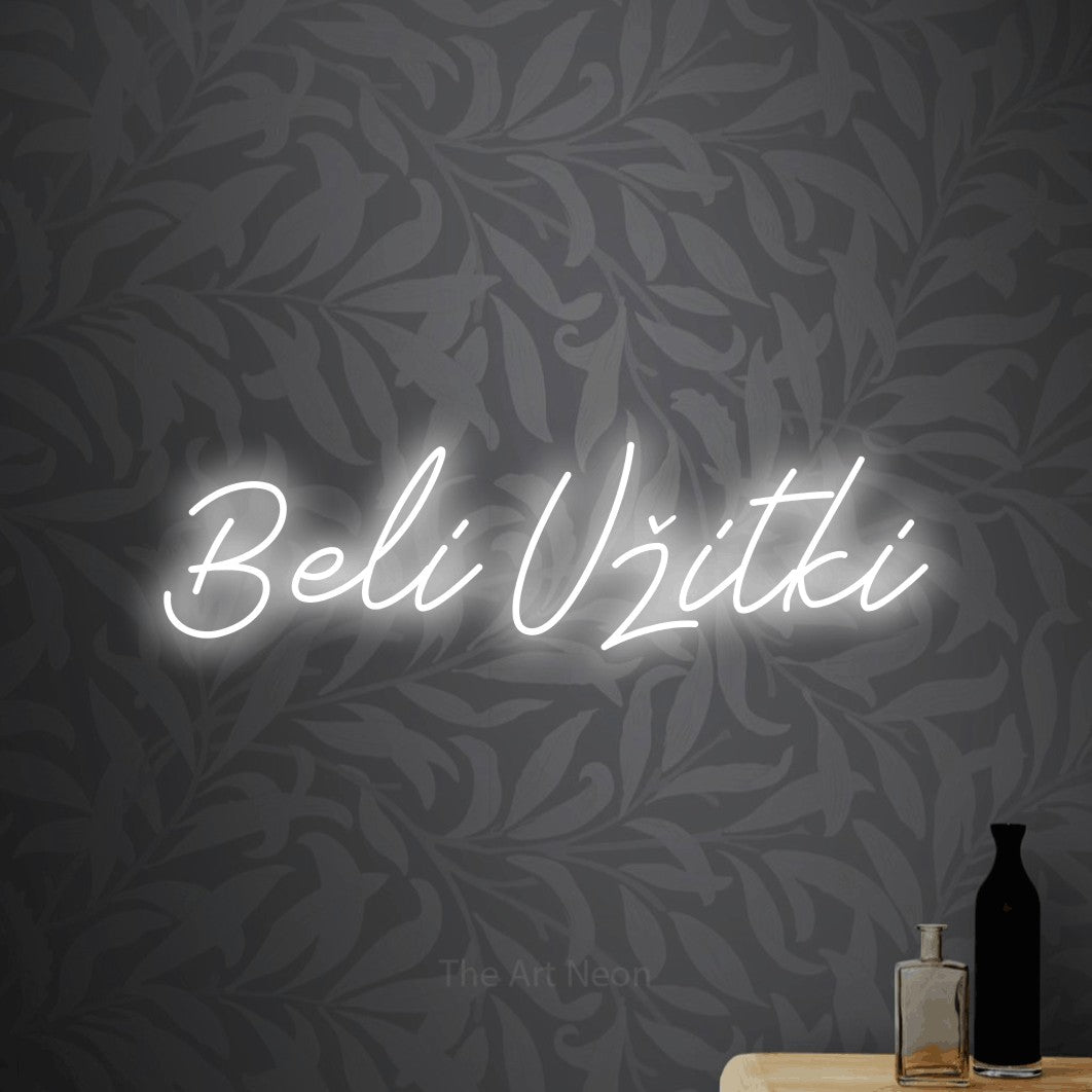 LED neon sign reading “Beli Užitki”, arranged in a single line.