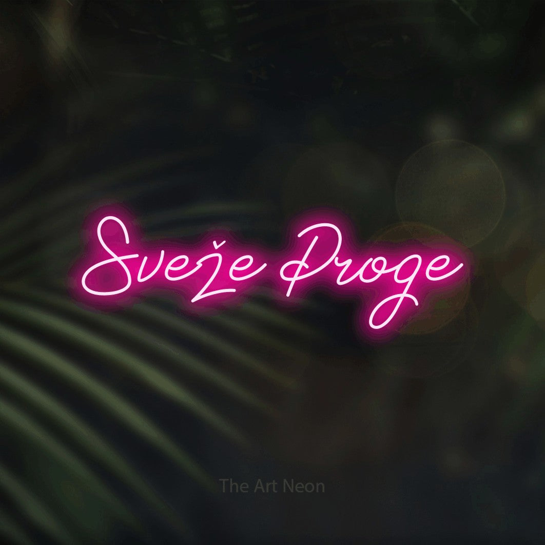 LED neon sign reading “Sveže Proge”, arranged in a single line.