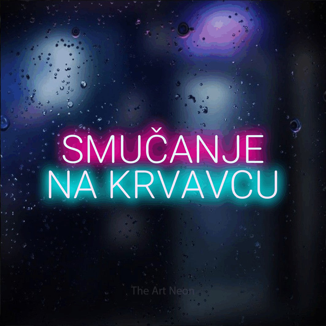 LED neon sign reading “SMUČANJE NA KRVAVCU”, arranged in two lines.