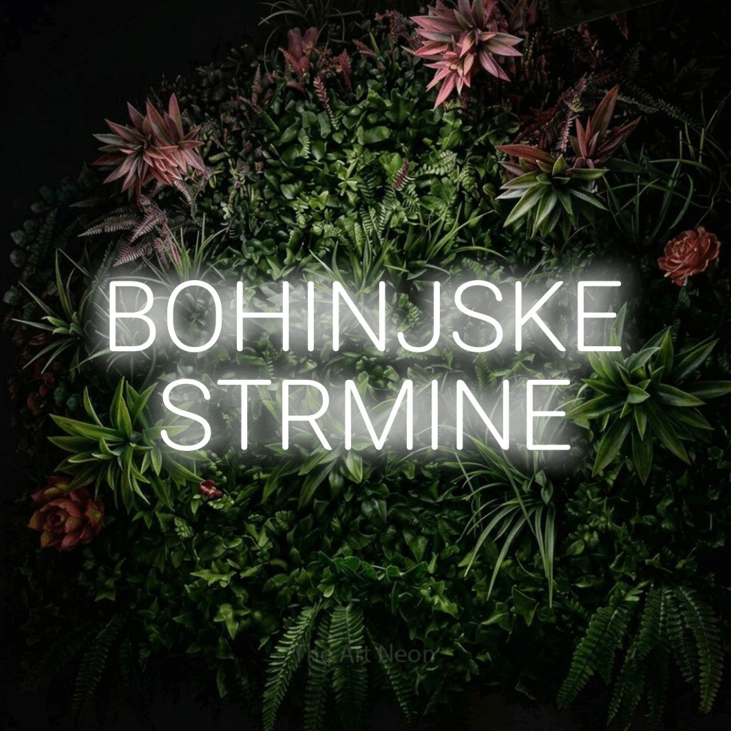 LED neon sign reading “BOHINJSKE STRMINE”, arranged in two lines.