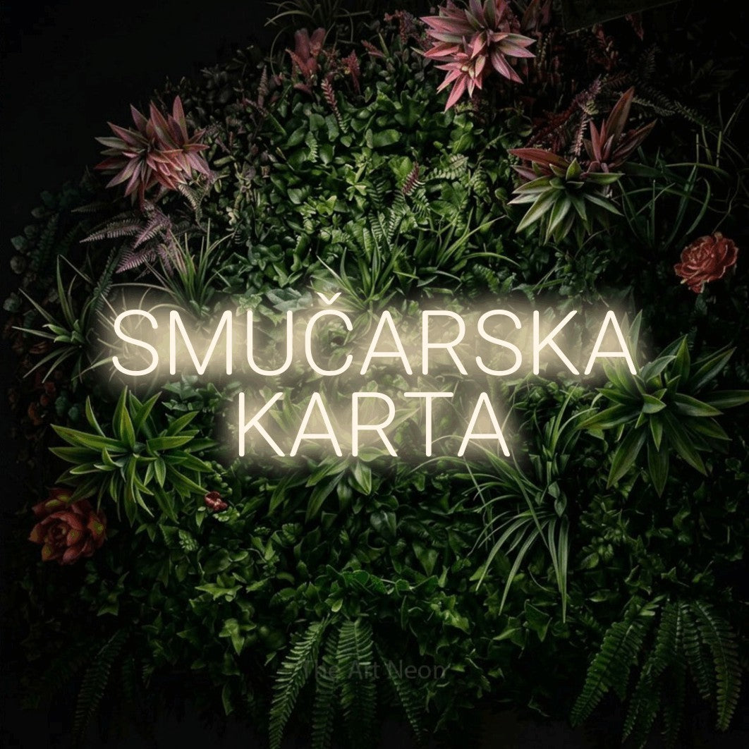 LED neon sign reading “SMUČARSKA KARTA”, arranged in two lines.