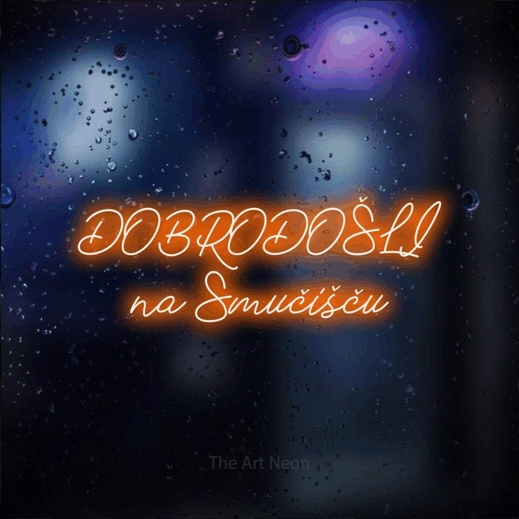 LED neon sign reading “DOBRODOŠLI na Smučišču”, arranged in two lines.