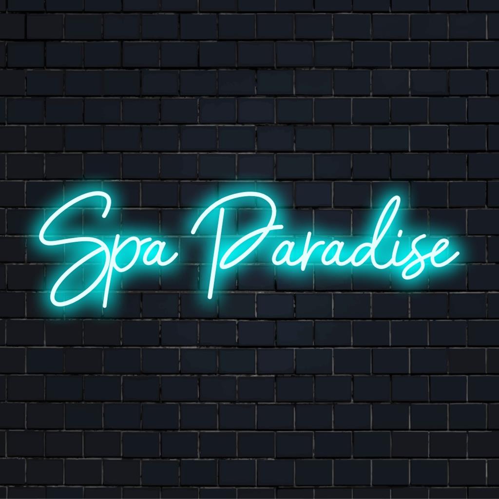 Vibrant custom-made LED neon sign named Spa Paradise, perfect for enhancing relaxing spaces with a soothing neon aura.