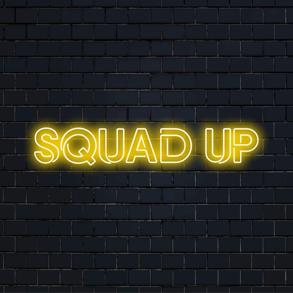 LED neon sign with Squad Up in bold typography; perfect for group spaces or events. Energetic and customizable neon decor.