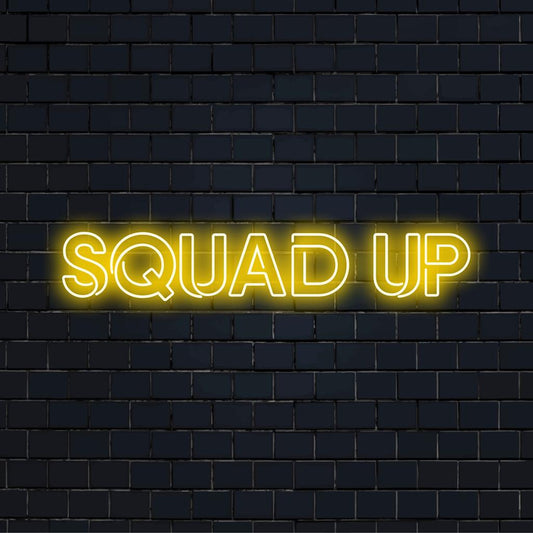 LED neon sign with Squad Up in bold typography; perfect for group spaces or events. Energetic and customizable neon decor.
