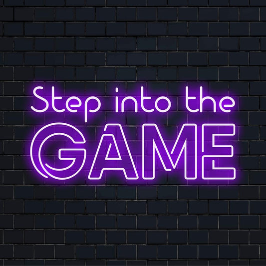 Custom LED neon sign featuring the phrase Step Into The Game, ideal for vibrant room decor and motivational ambiance.
