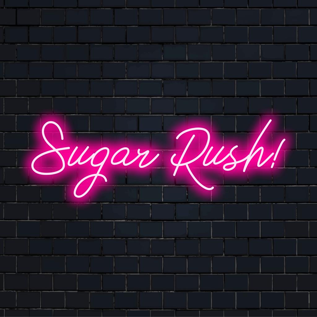Insegna al neon a LED realizzata a mano con la vivace scritta Sugar Rush!, ideale per decorazioni luminose al neon personalizzate e per uno stile personalizzato.