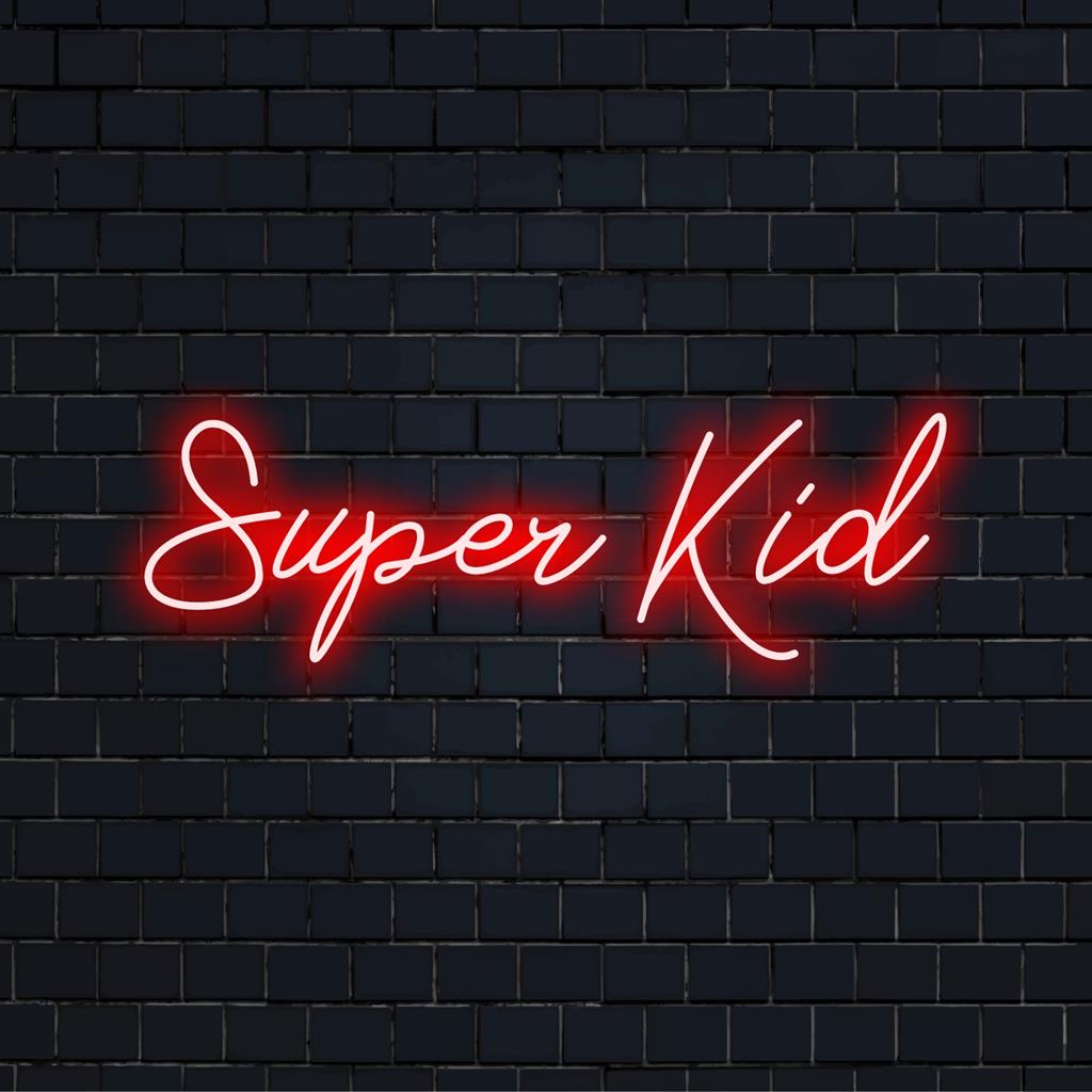 Semn cu neon LED vibrant, jucăuș, cu textul „Super Kid”, decor perfect personalizat cu neon pentru camera unui copil sau zona de joacă.