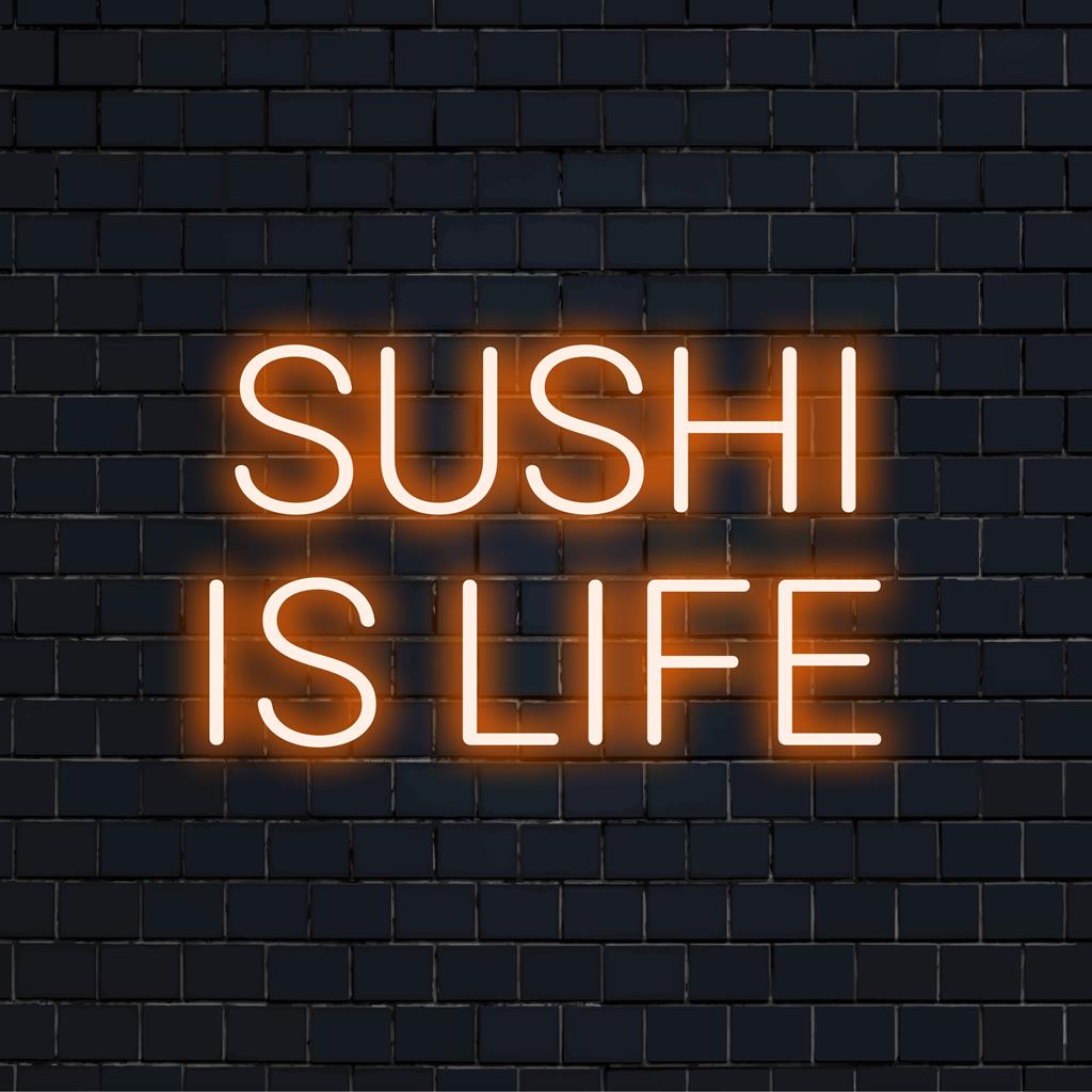 Vibrant custom LED neon sign featuring the playful phrase Sushi Is Life in a colorful, artistic neon display.