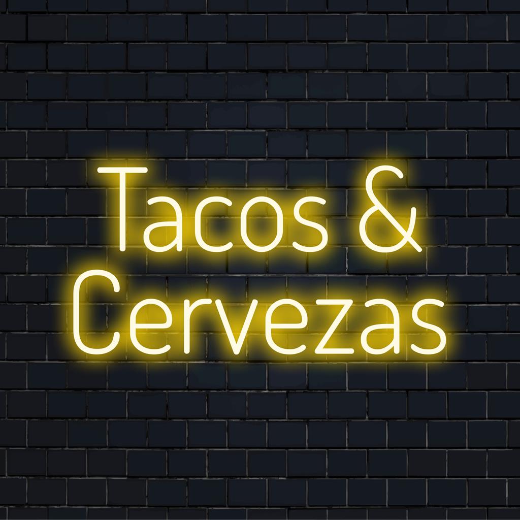 Tacos And Cervezas LED neon sign glowing in vibrant colors, perfect for lively decor, custom neon art piece for enthusiasts.