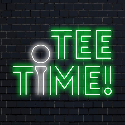 Illuminated logo reading Tee Time! in vibrant LED neon; ideal for custom wall art or personalized neon light decor.