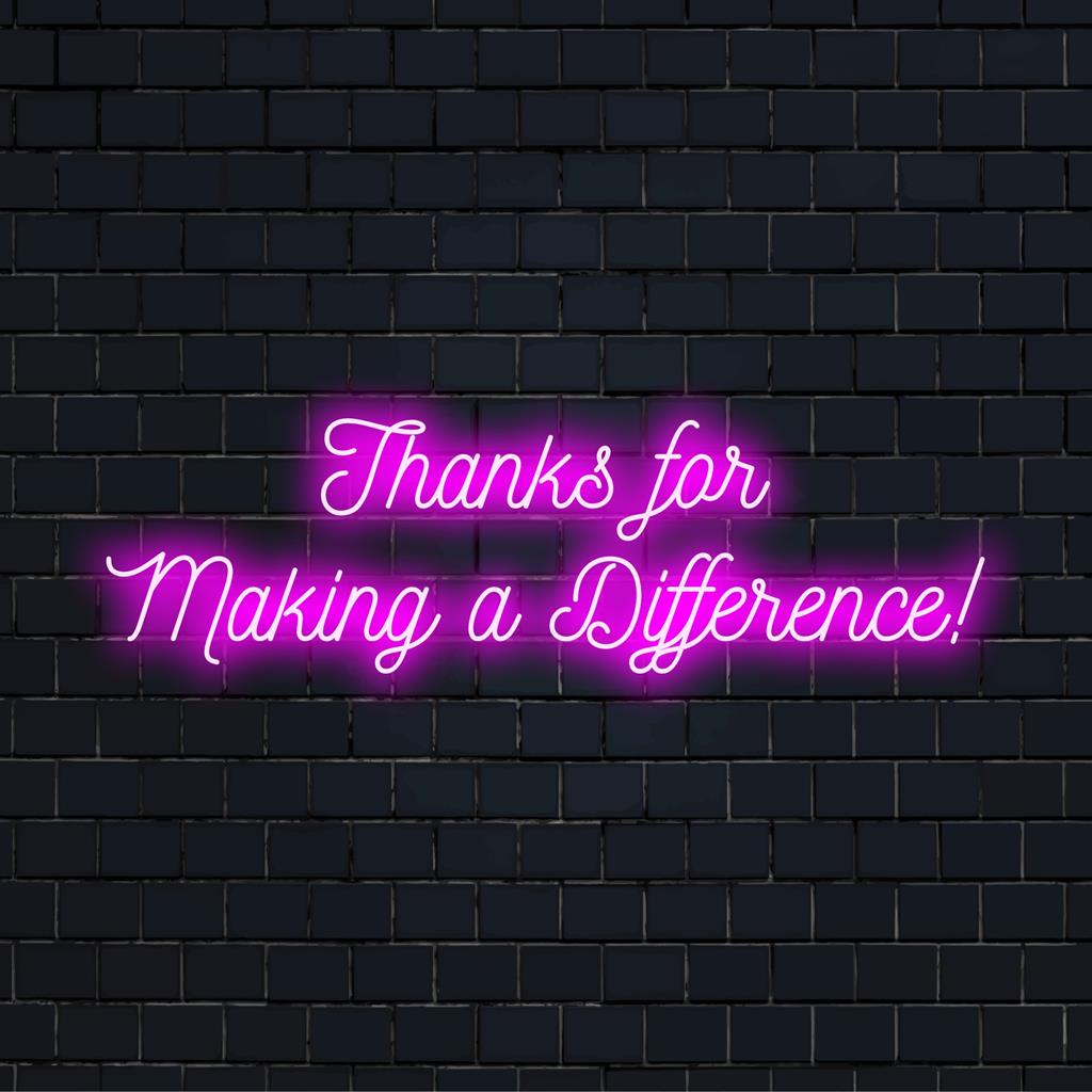 Ζωντανή προσαρμοσμένη πινακίδα νέον με «Ευχαριστώ για τη διαφορά!», ιδανική διακόσμηση LED για σπίτια, γραφεία και εκδηλώσεις.