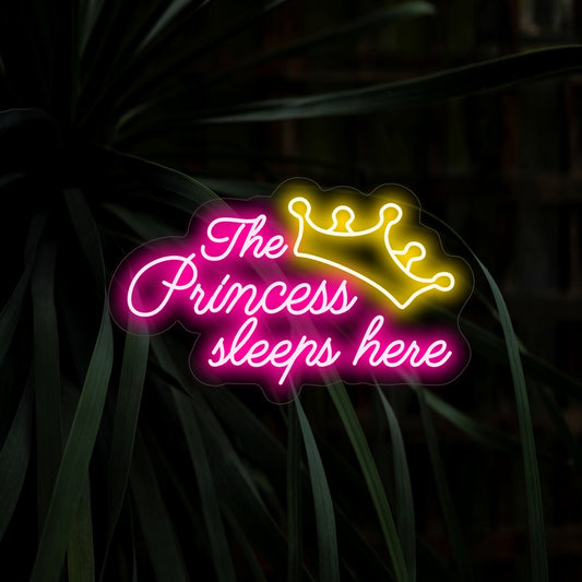 "The Princess Sleeps Here Neon Sign" enchants with its charming proclamation, casting a soft glow that adds fairy-tale magic to your space.