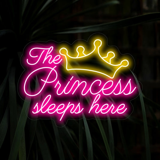 "The Princess Sleeps Here Neon Sign" is a charming proclamation with a soft glow, creating an enchanting atmosphere fit for royalty.