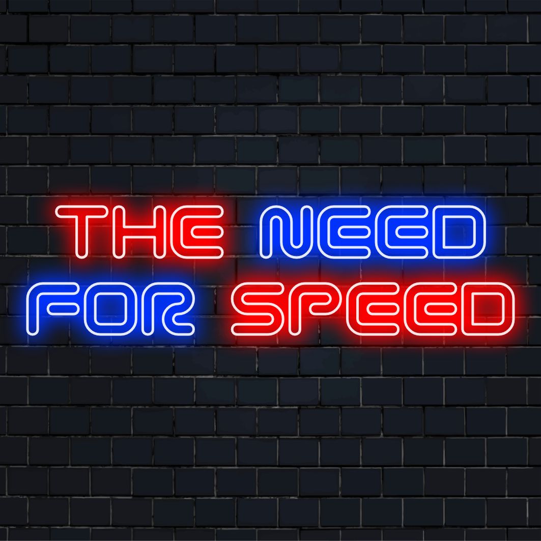 Custom LED neon sign resembling The Need For Speed logo; ideal dynamic neon wall art for automotive enthusiasts.