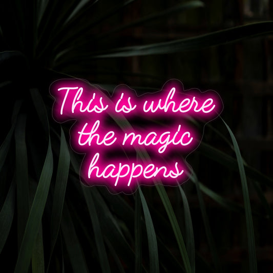"This Is Where the Magic Happens Neon Sign" enchants with its whimsical message, casting a playful glow that sparks creativity and imagination in your space.