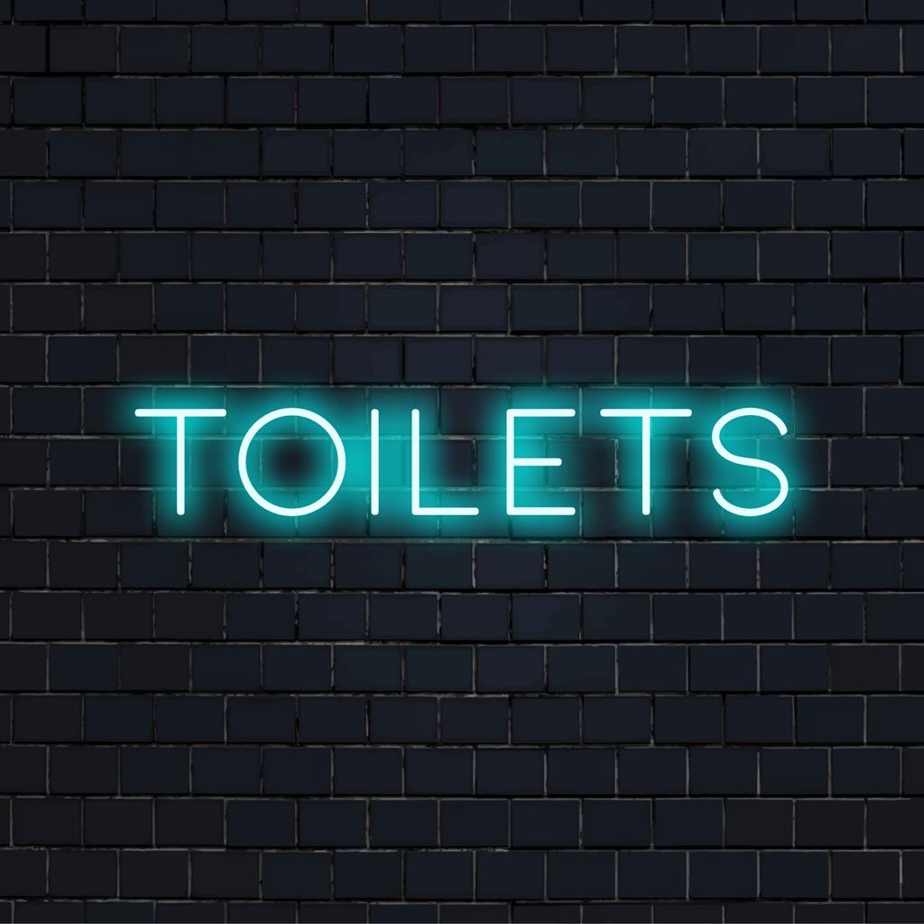 Προσαρμοσμένη πινακίδα νέον LED με τη λέξη Τουαλέτες σε φωτεινή, κομψή γραμματοσειρά. ιδανικό ως μοναδική διακόσμηση νέον.