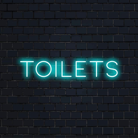 Προσαρμοσμένη πινακίδα νέον LED με τη λέξη Τουαλέτες σε φωτεινή, κομψή γραμματοσειρά. ιδανικό ως μοναδική διακόσμηση νέον.