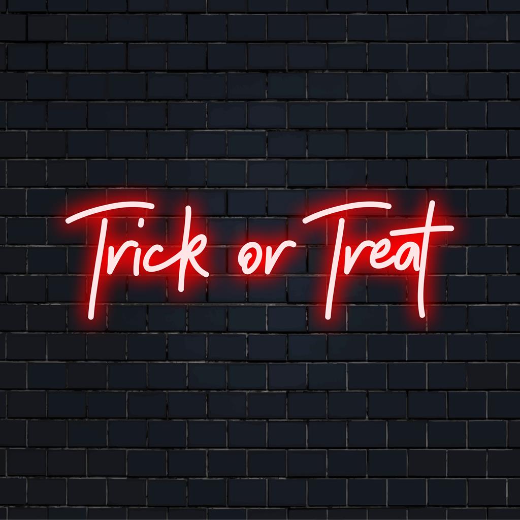 Trick Or Treat Custom Made LED Neon Sign, vibrant glowing Halloween decor, playful neon light art.