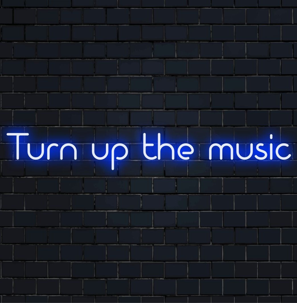 Custom LED neon sign with the phrase Turn Up The Music in vibrant colors, ideal for energetic decor and music enthusiasts.