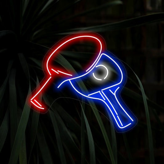 "Two Ping Pong Rackets And Ball Neon Sign", capturing the excitement and energy of table tennis.